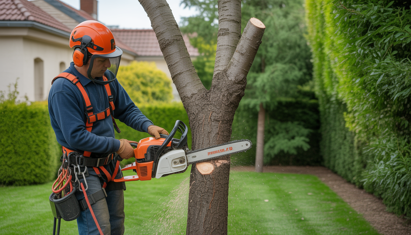 Arboriste certifié pratiquant l'élagage arbre Craponne dans un jardin résidentiel près de Lyon, équipé d'un harnais, casque et tronçonneuse