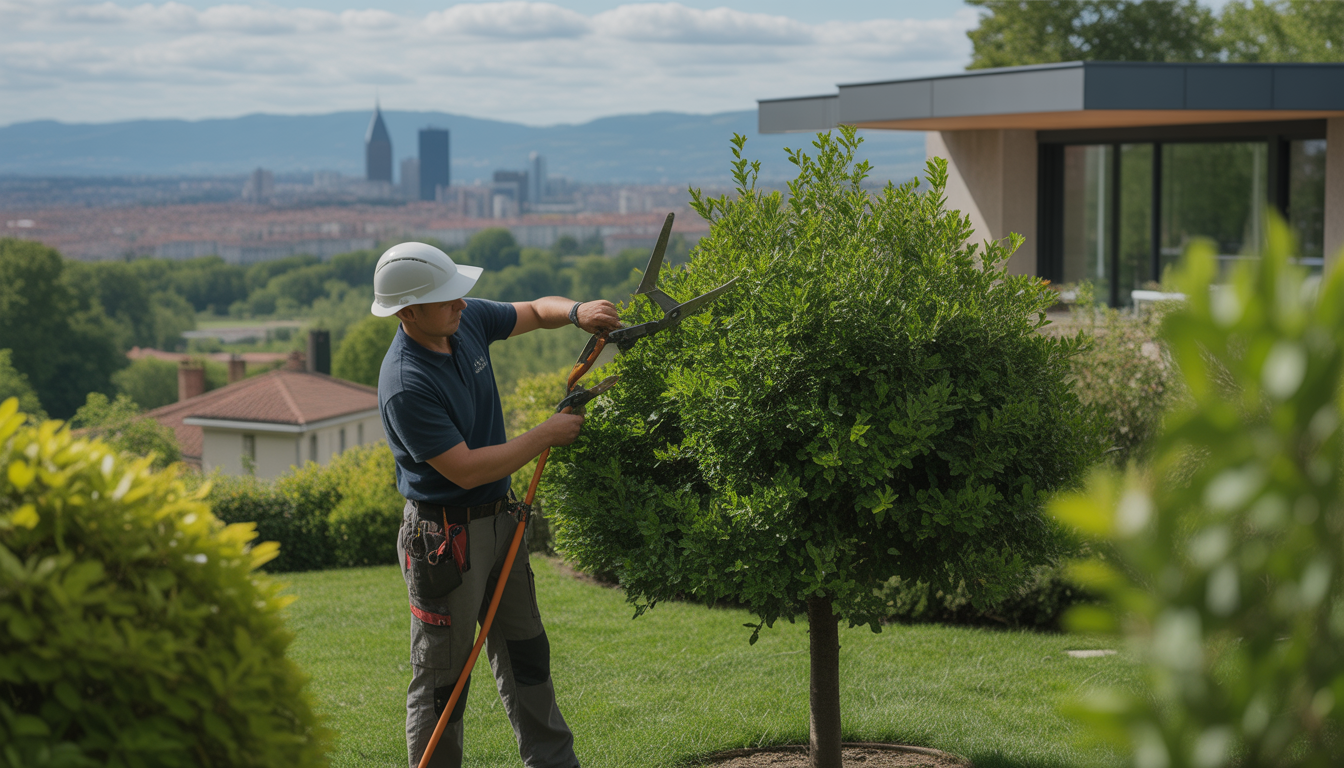 Arboriste professionnel en train de réaliser l'élagage d'un arbre majestueux dans un jardin verdoyant à Lyon