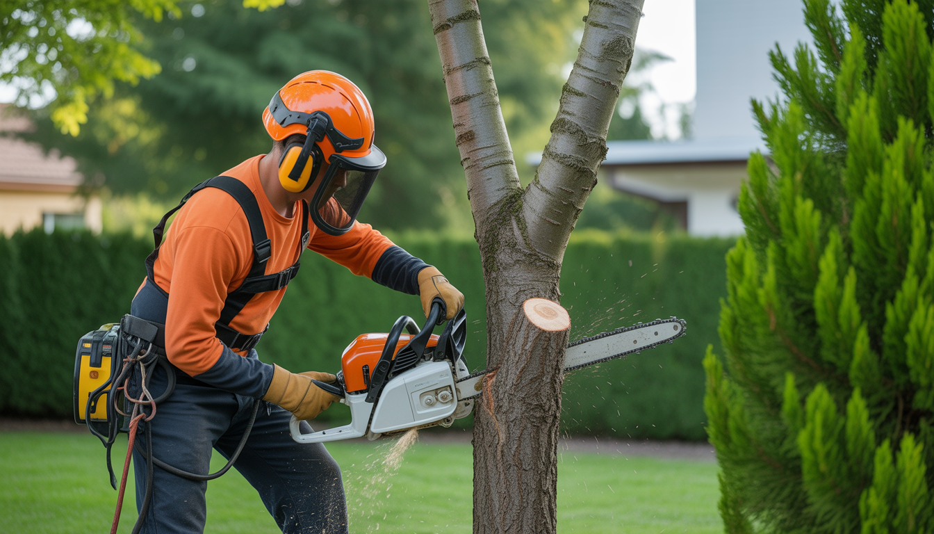 Arboriste professionnel en tenue de sécurité effectuant l'entretien arbres ouest lyonnais avec précision dans un jardin résidentiel