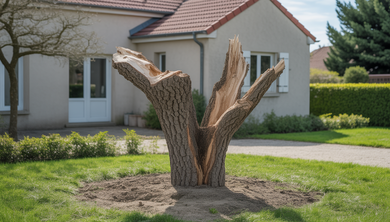 Arbre mort abattage avec branches sèches et écorce fissurée dans un jardin résidentiel à Tassin-la-Demi-Lune, intervention d'un arboriste certifié