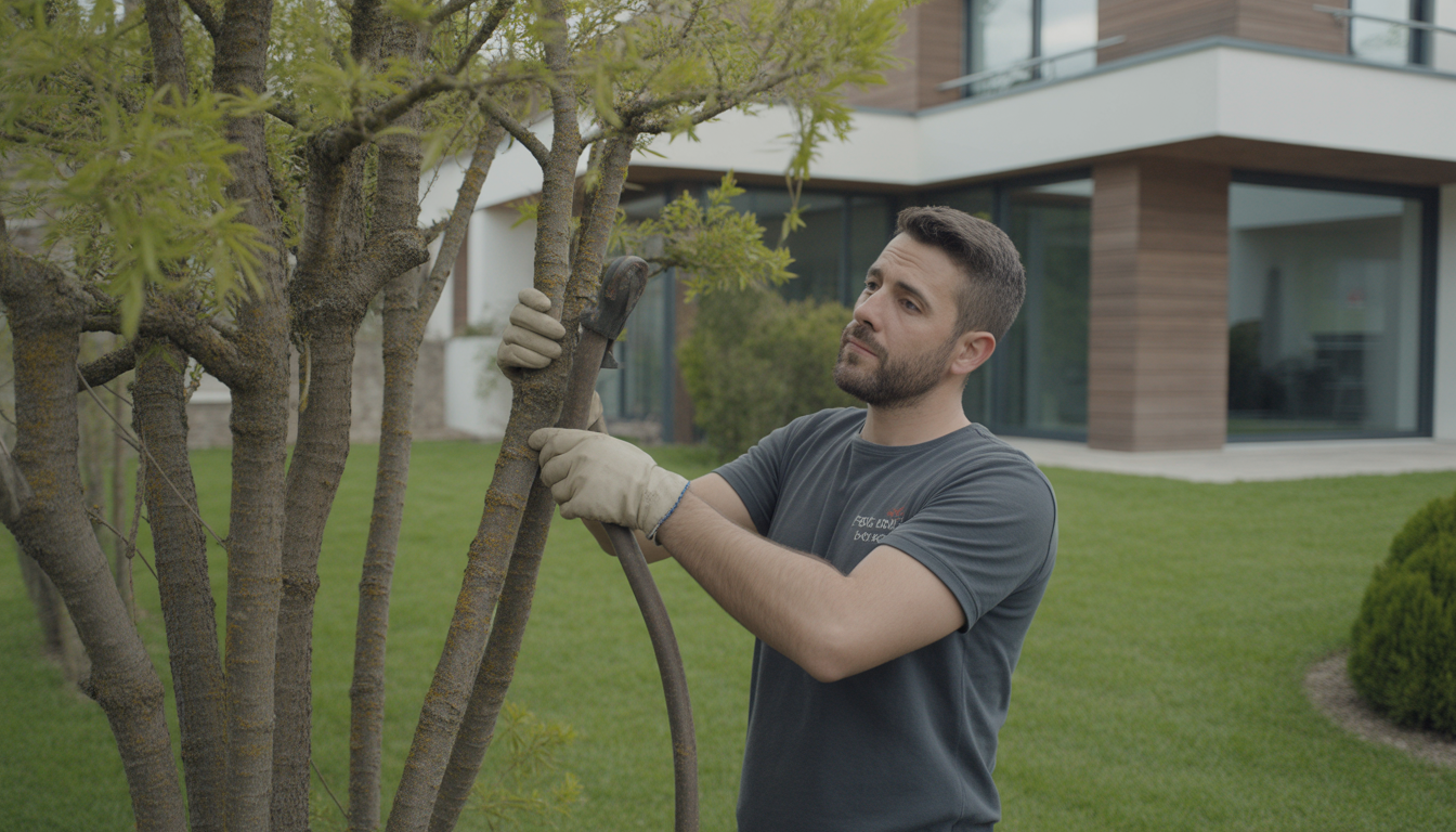 Arboriste certifié pratiquant l'élagage d'arbre dans un jardin résidentiel à Lyon avec maison contemporaine en arrière-plan
