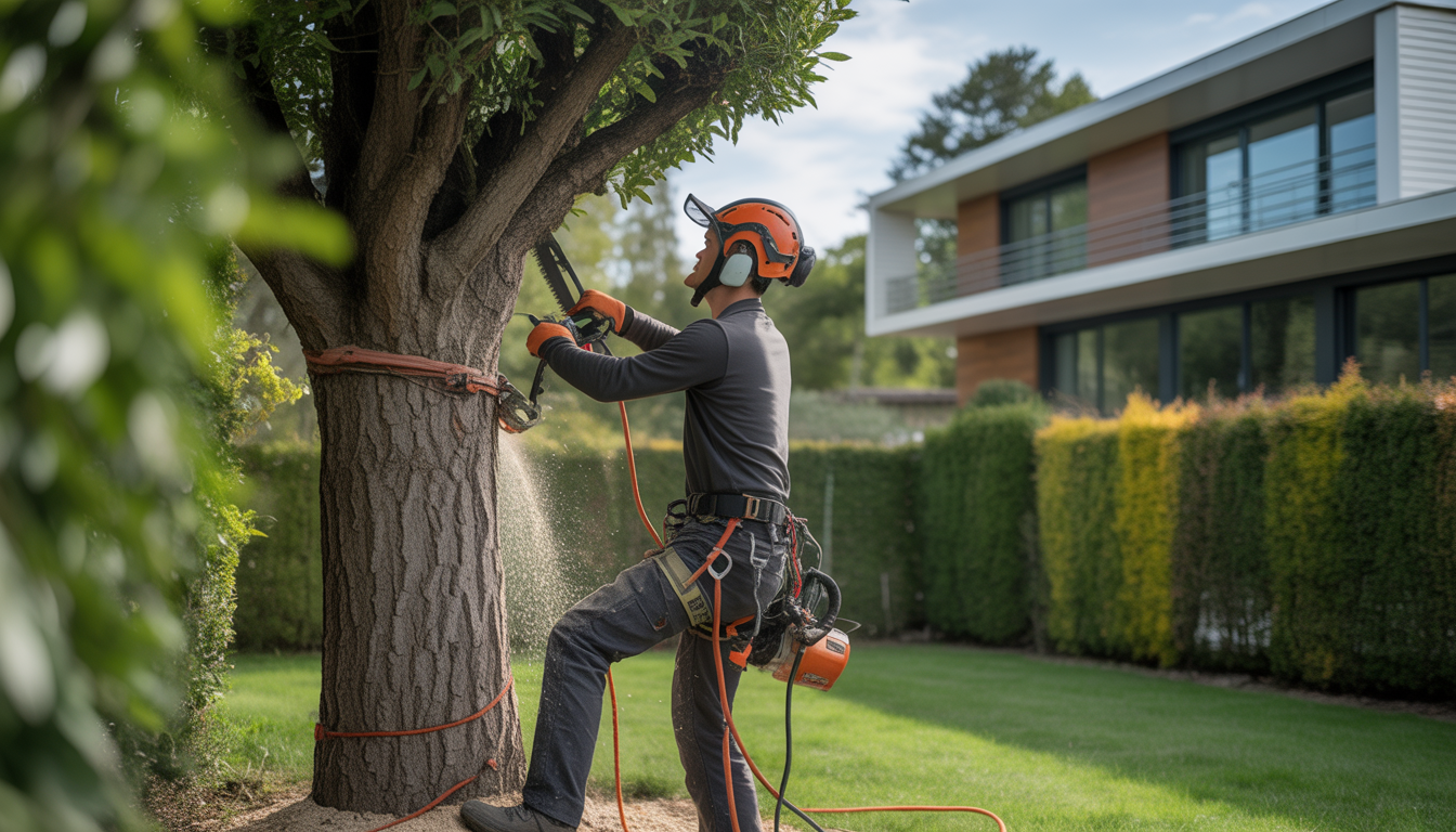 Arboriste certifié en train d'élaguer un arbre dans un jardin à Craponne, équipé d'un harnais, casque et tronçonneuse, cadre résidentiel proche de Lyon avec maison contemporaine en arrière-plan