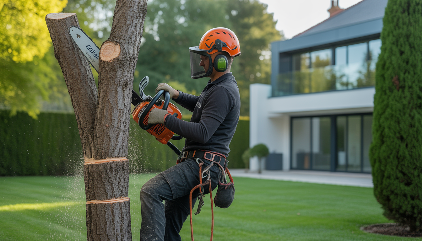 Arboriste certifié effectuant un élagage arbre à Craponne, près de Lyon, en utilisant un harnais et une tronçonneuse dans un jardin résidentiel bien entretenu