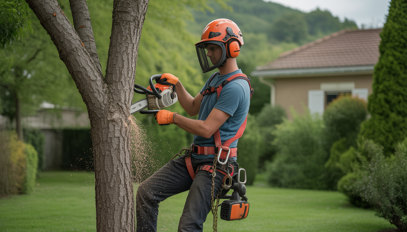 Élagage arbre Craponne réalisé par un arboriste certifié dans un jardin résidentiel près de Lyon, portant casque, harnais et tronçonneuse