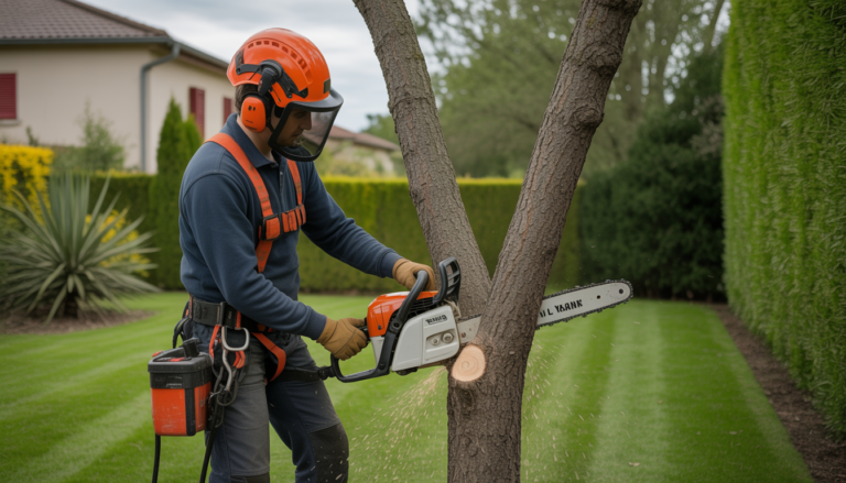 Élagage arbre Craponne réalisé par un arboriste professionnel équipé d'un harnais, casque et tronçonneuse dans un jardin résidentiel près de Lyon