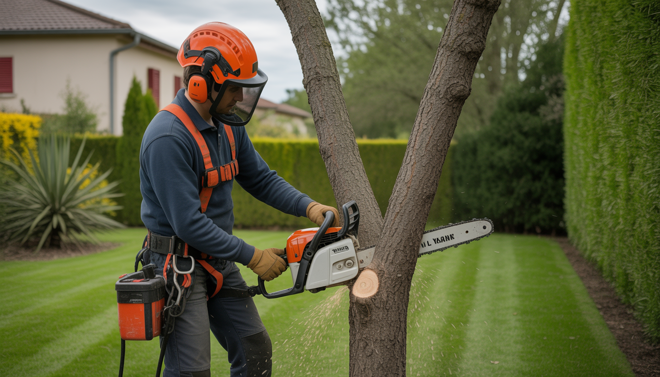 Élagage arbre Craponne réalisé par un arboriste professionnel équipé d'un harnais, casque et tronçonneuse dans un jardin résidentiel près de Lyon
