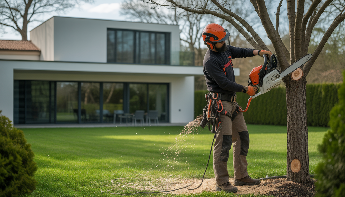 Arboriste certifié pratiquant l'élagage arbre ouest lyonnais dans un grand jardin bien entretenu près de Lyon, équipé d'un harnais, casque, gants et tronçonneuse