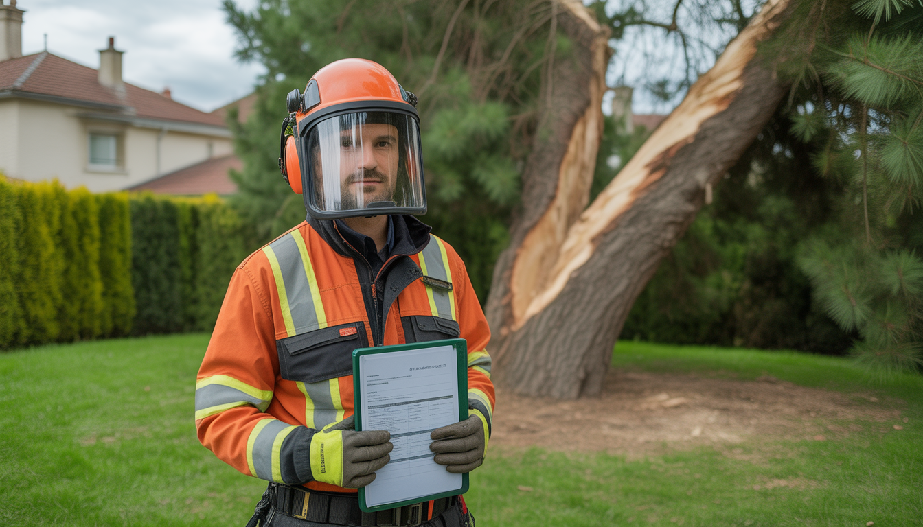 Arboriste professionnel en équipement de sécurité tenant des documents pour abattage arbre dangereux devant un arbre penché dans un jardin résidentiel à l'ouest de Lyon