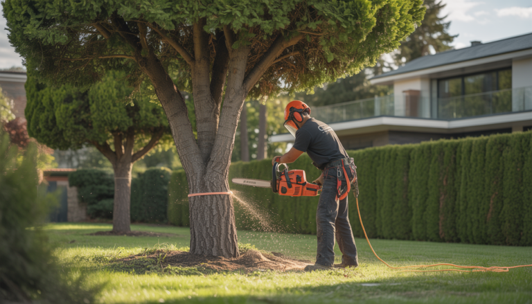 Élagage arbre Lyon : arboriste certifié taille un arbre sain avec harnais, casque et tronçonneuse dans un jardin résidentiel bien entretenu près de Lyon