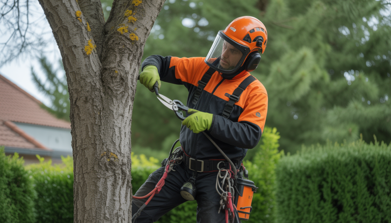 Arboriste professionnel en équipement de sécurité effectuant l'entretien arbres ouest lyonnais avec précision dans un jardin résidentiel