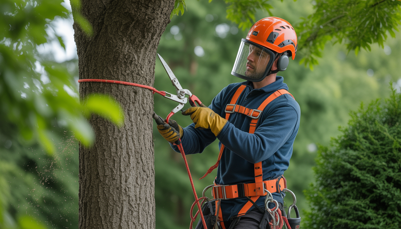 Arboriste professionnel en pleine séance d'entretien arbres ouest lyonnais dans un jardin résidentiel bien entretenu