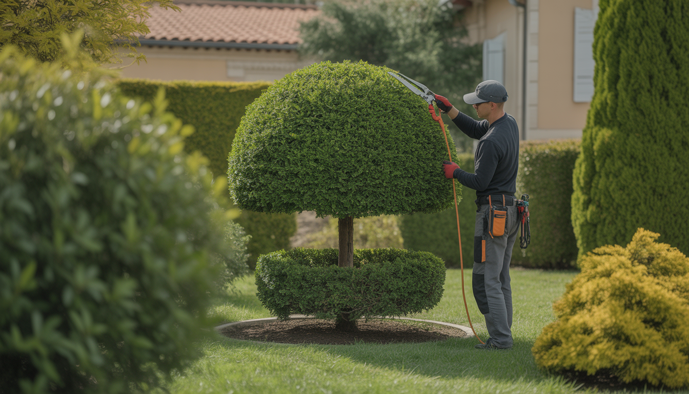 Arboriste certifié élaguant un arbre ornemental dans un jardin résidentiel près de Craponne Lyon