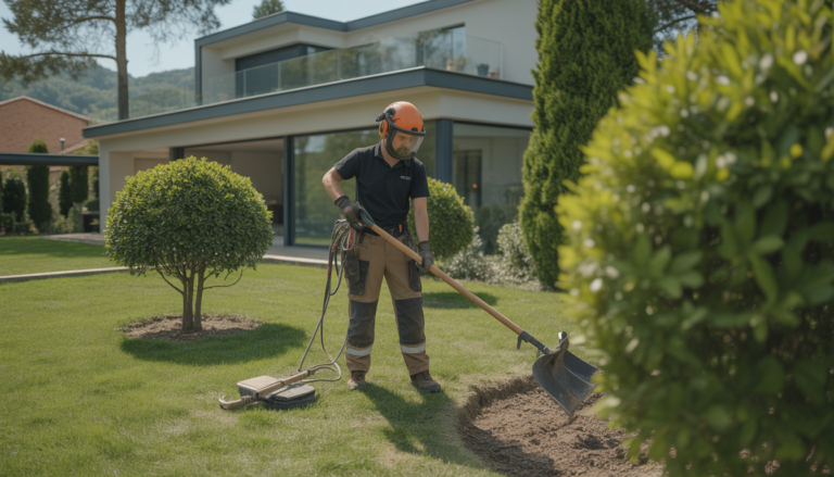Technicien élagueur en tenue professionnelle entretenant un jardin boisé soigné près de Lyon