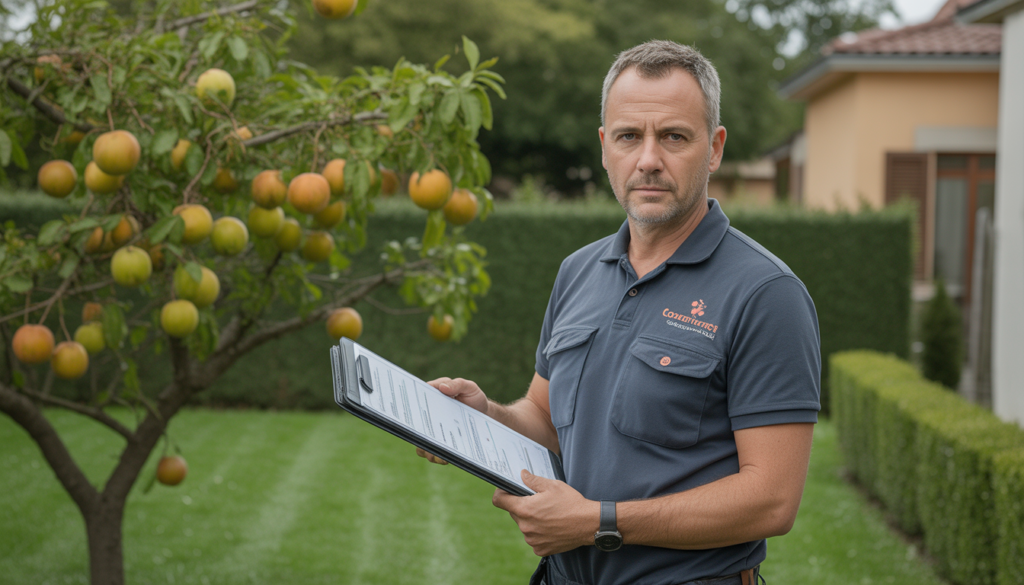 Entretien arbres fruitiers par un arboriste professionnel dans un jardin résidentiel de l'ouest lyonnais