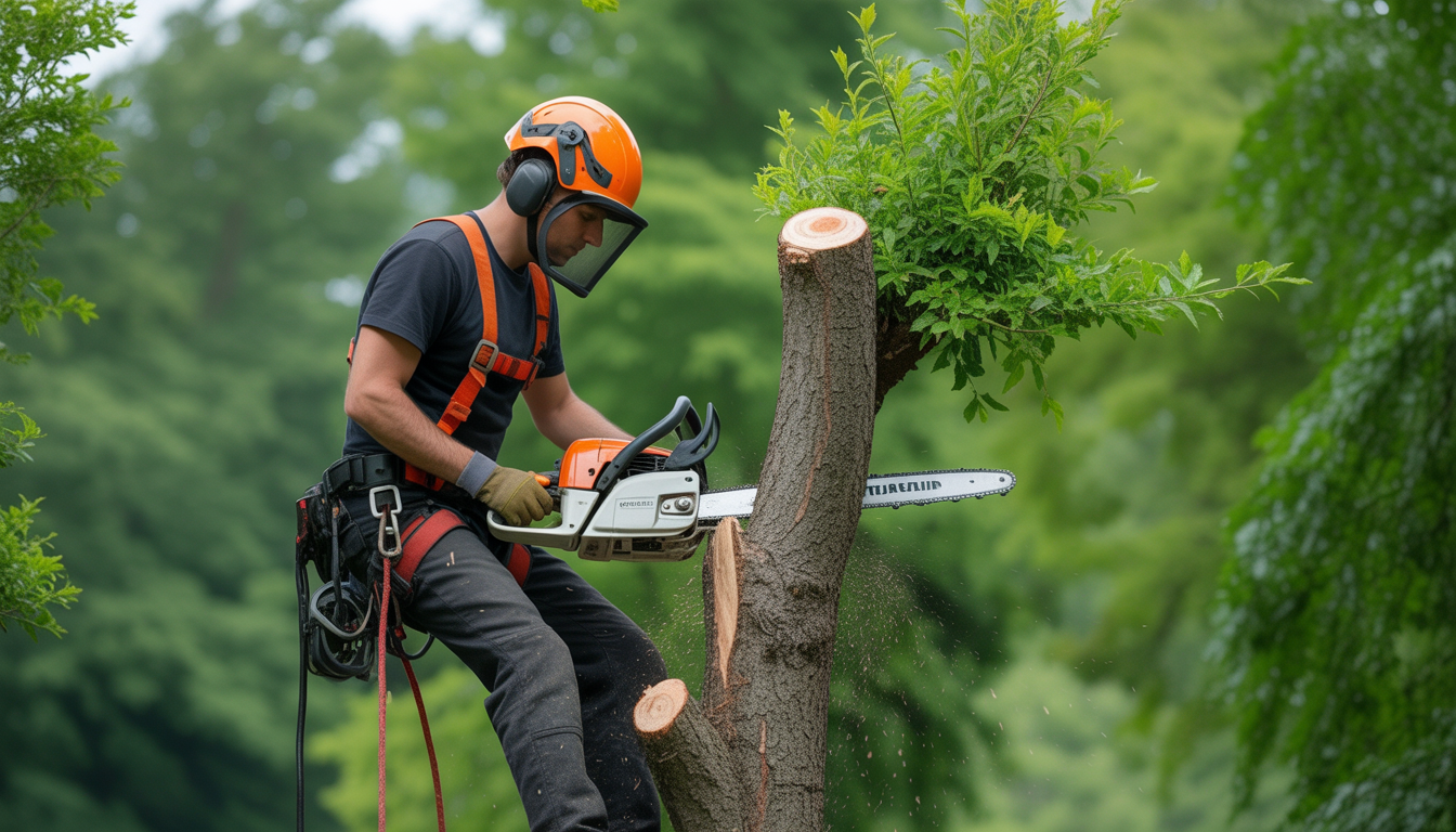 Élagage arbre Craponne réalisé par un arboriste professionnel équipé d'un harnais et d'une tronçonneuse dans un jardin résidentiel près de Lyon