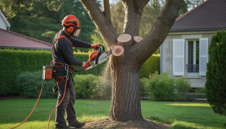 Élagage arbre Craponne réalisé par un arboriste certifié avec harnais, casque et tronçonneuse dans un jardin résidentiel près de Lyon