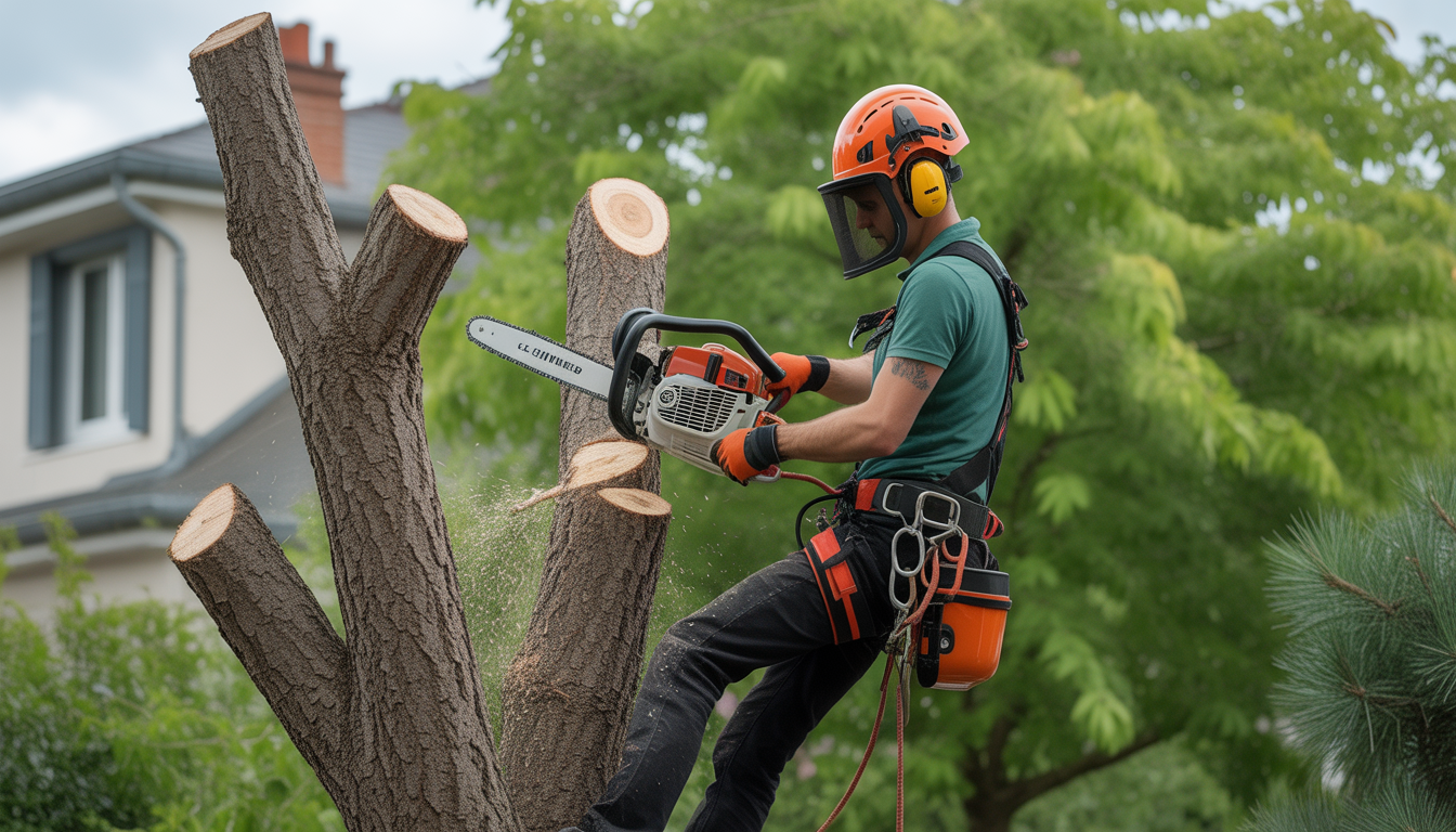 Arboriste certifié effectuant un élagage arbre Craponne dans un jardin résidentiel près de Lyon avec harnais de sécurité et tronçonneuse