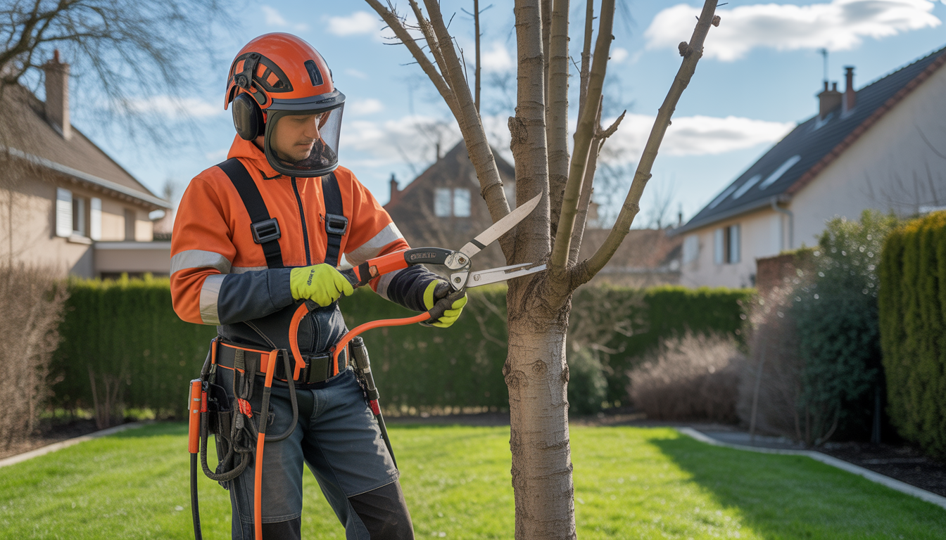 Arboriste professionnel en équipement de sécurité effectuant l'entretien arbres ouest lyonnais dans un jardin résidentiel bien entretenu