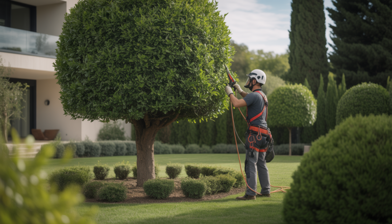 Élagueur certifié Lyon en harnais, casque et gants, taillant un grand arbre sain dans un jardin résidentiel près de Lyon