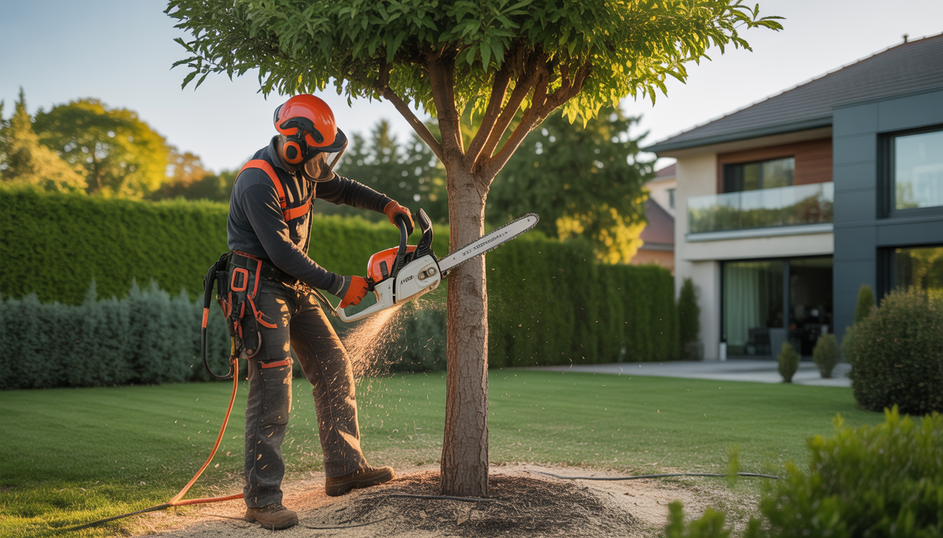 Arboriste certifié élaguant un arbre de jardin avec une tronçonneuse, équipé d'un harnais, casque et gants, dans un cadre résidentiel près de Lyon avec maison contemporaine et végétation soignée