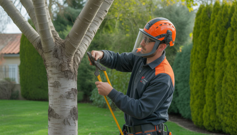 Élagage arbre Craponne réalisé par un arboriste certifié dans un jardin résidentiel près de Lyon avec lumière naturelle