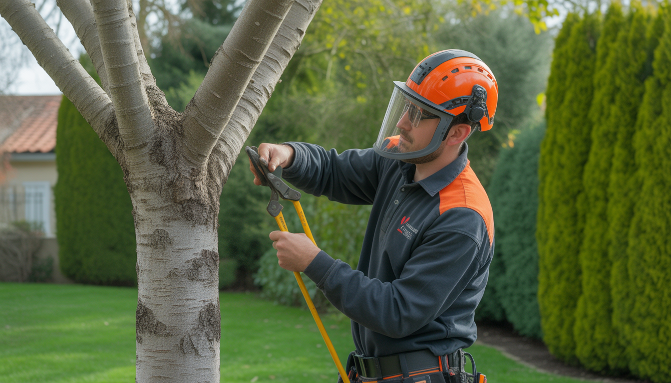 Élagage arbre Craponne réalisé par un arboriste certifié dans un jardin résidentiel près de Lyon avec lumière naturelle