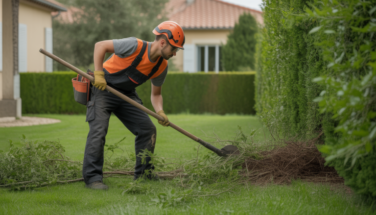 Technicien en débroussaillage ouest lyonnais en train de retirer une végétation envahissante dans un jardin résidentiel près de Lyon