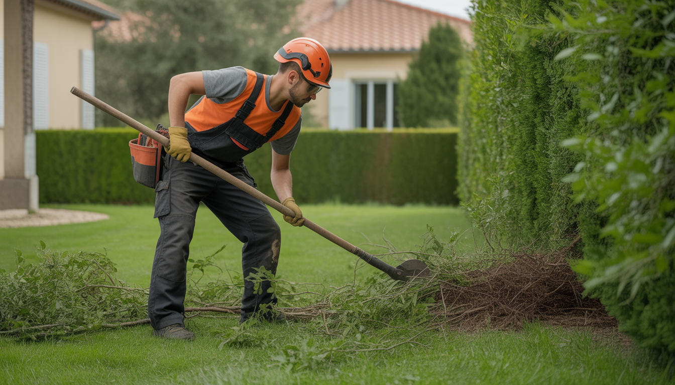 Technicien en débroussaillage ouest lyonnais en train de retirer une végétation envahissante dans un jardin résidentiel près de Lyon