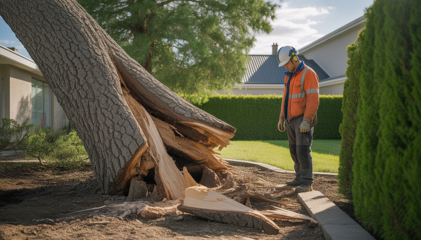 Abattage arbre dangereux : arbre penché endommagé avec branches cassées et racines compromises observé par un arboriste certifié à Vaugneray