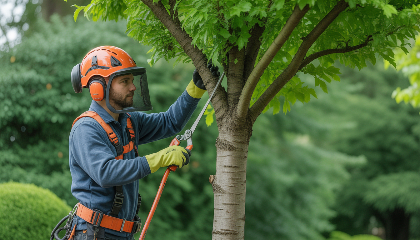 Arboriste professionnel en train de réaliser l'entretien arbres ouest lyonnais dans un jardin résidentiel avec casque, harnais et outils de maintenance