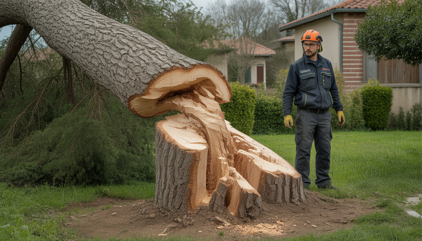 Arbre incliné dangereux dans un jardin à Craponne montrant des signes de stress, avec un arboriste professionnel observant attentivement