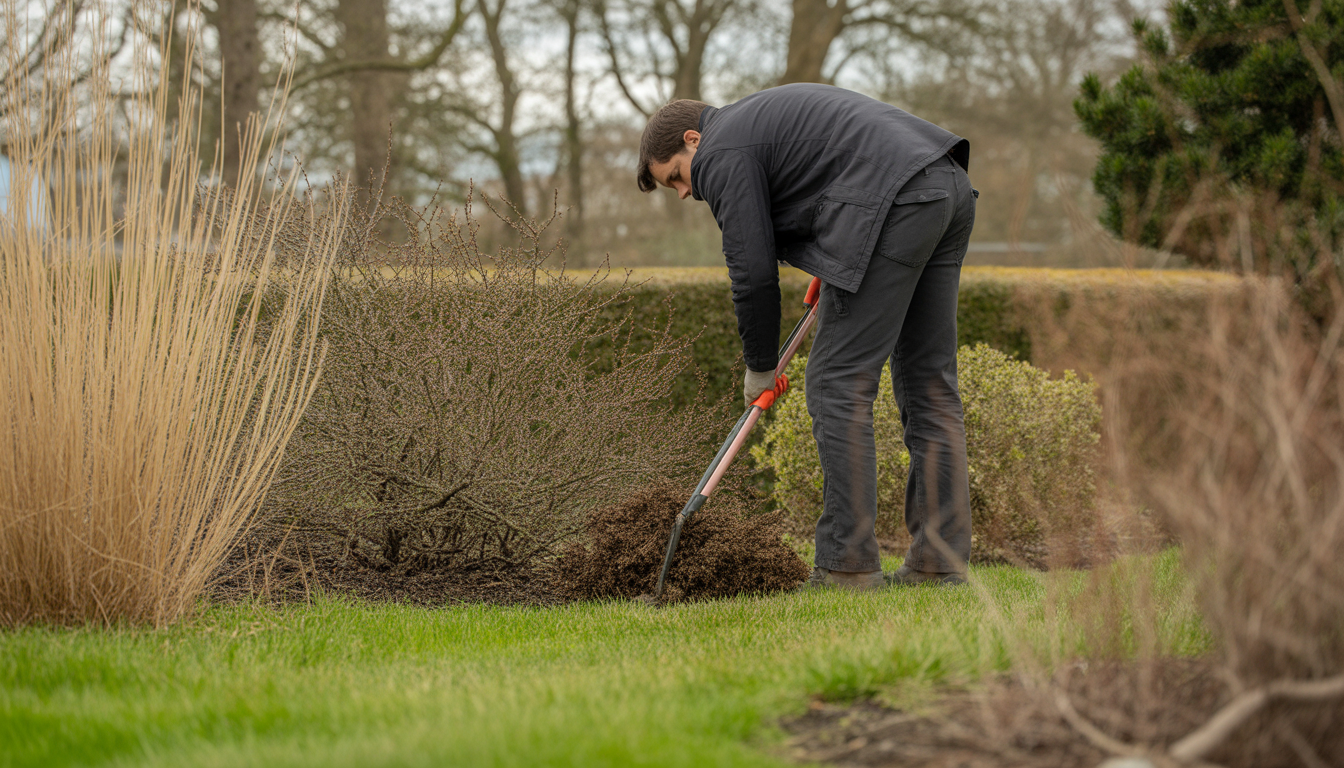 Débroussaillage réalisé par un paysagiste professionnel dans un jardin résidentiel de l'ouest lyonnais en fin d'hiver