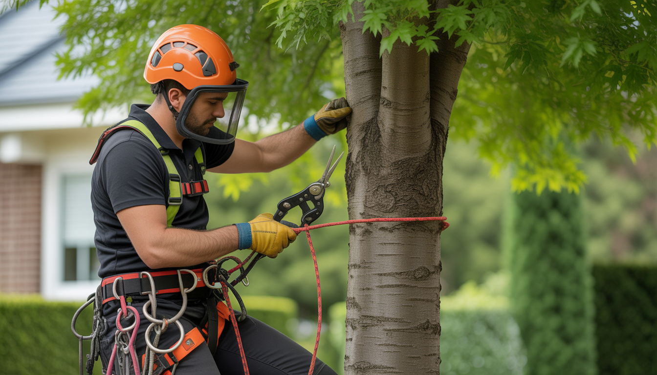 Arboriste grimpeur certifié portant casque et harnais, taillant un arbre avec précision dans un jardin résidentiel bien entretenu à Francheville