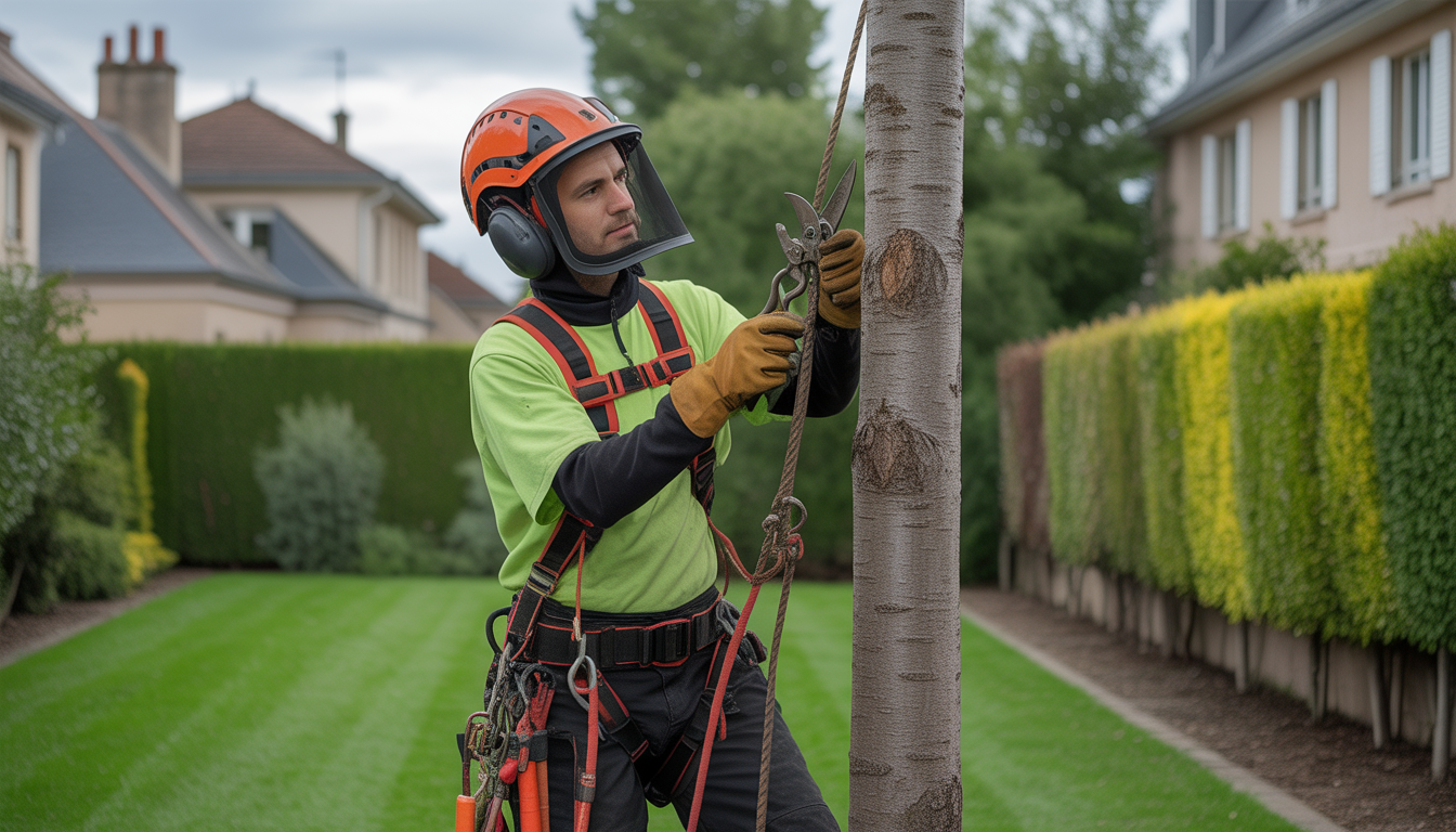 Entretien arbres ouest lyonnais avec arboriste professionnel en équipement de sécurité taillant un arbre en hauteur