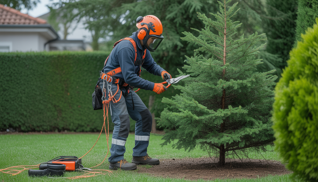 Arboriste grimpeur réalisant un élagage sapin avec équipement de sécurité complet dans un jardin résidentiel à Vaugneray