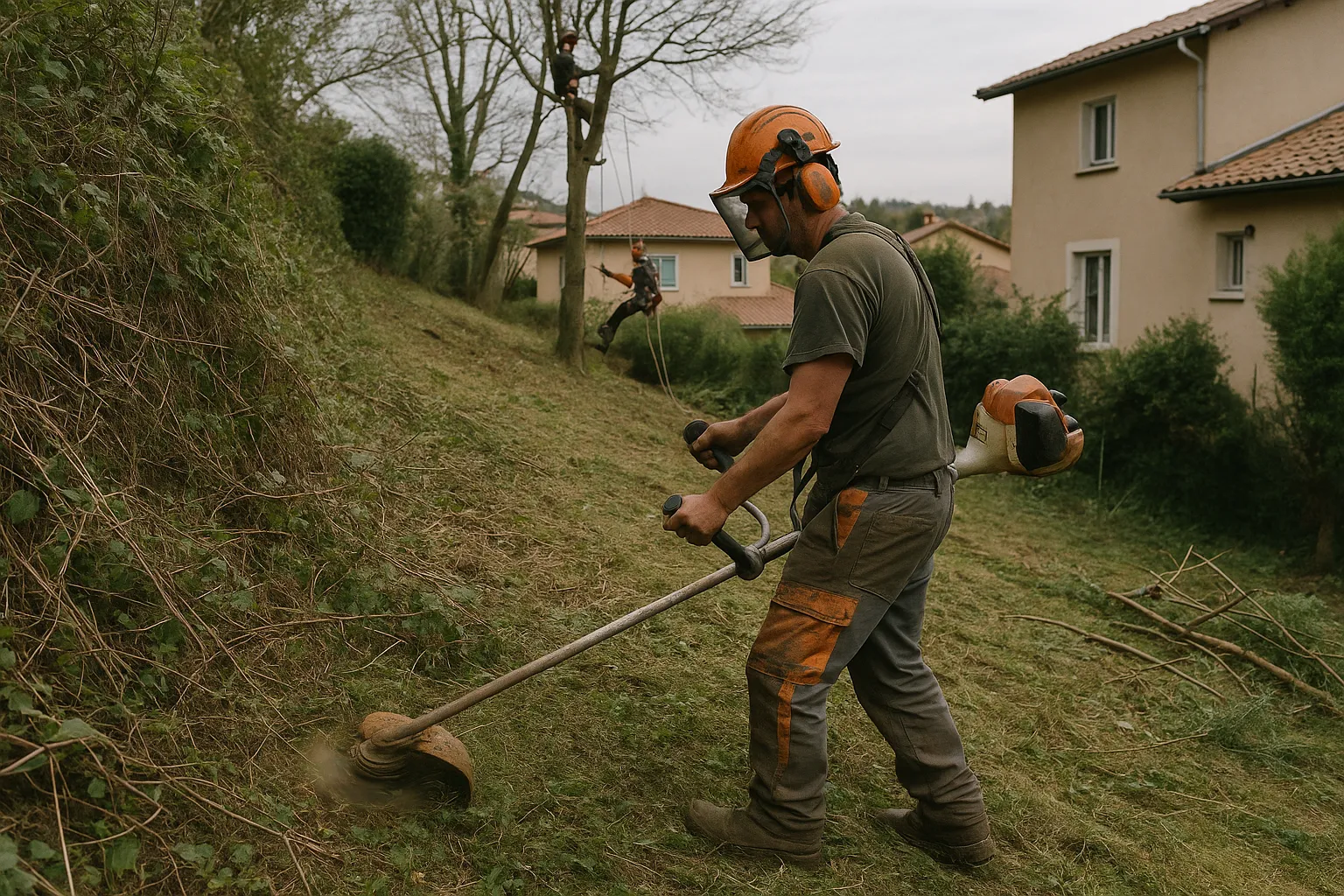 Entreprise de débroussaillage à Lyon intervenant sur un jardin en pente