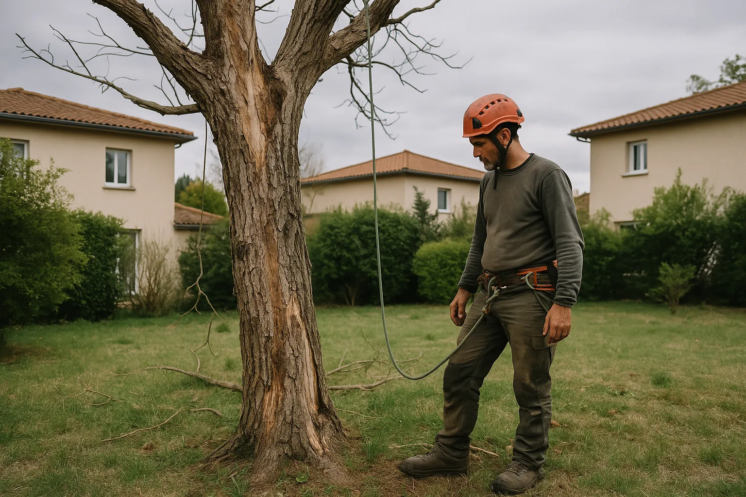 Arboriste évaluant un arbre mort nécessitant un abattage à Tassin-la-Demi-Lune