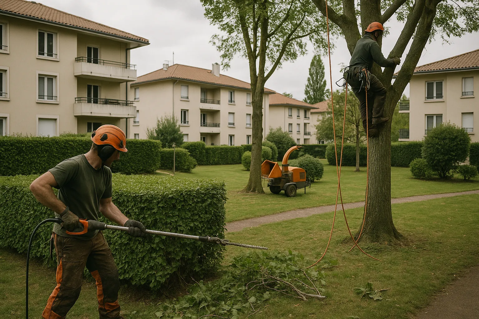 Entretien espaces verts copropriété Lyon avec élagage et taille de haie