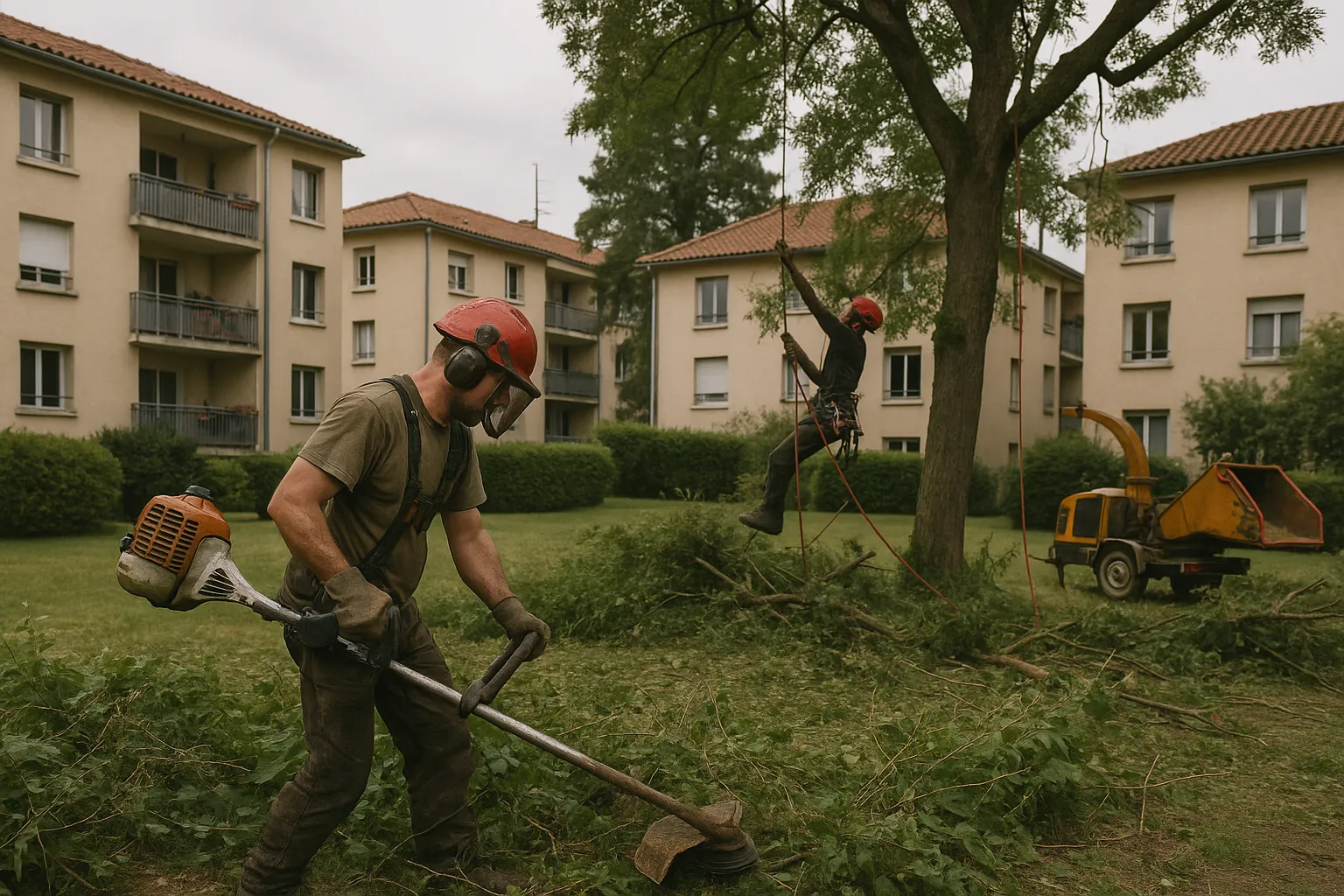 Débroussaillage copropriété syndic Lyon par une équipe professionnelle en action