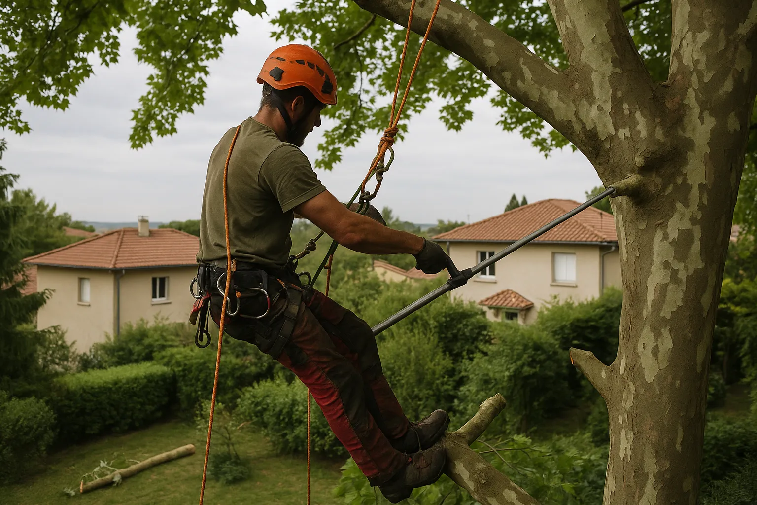 Arboriste élagueur en action sur un élagage arbre Lyon en jardin urbain