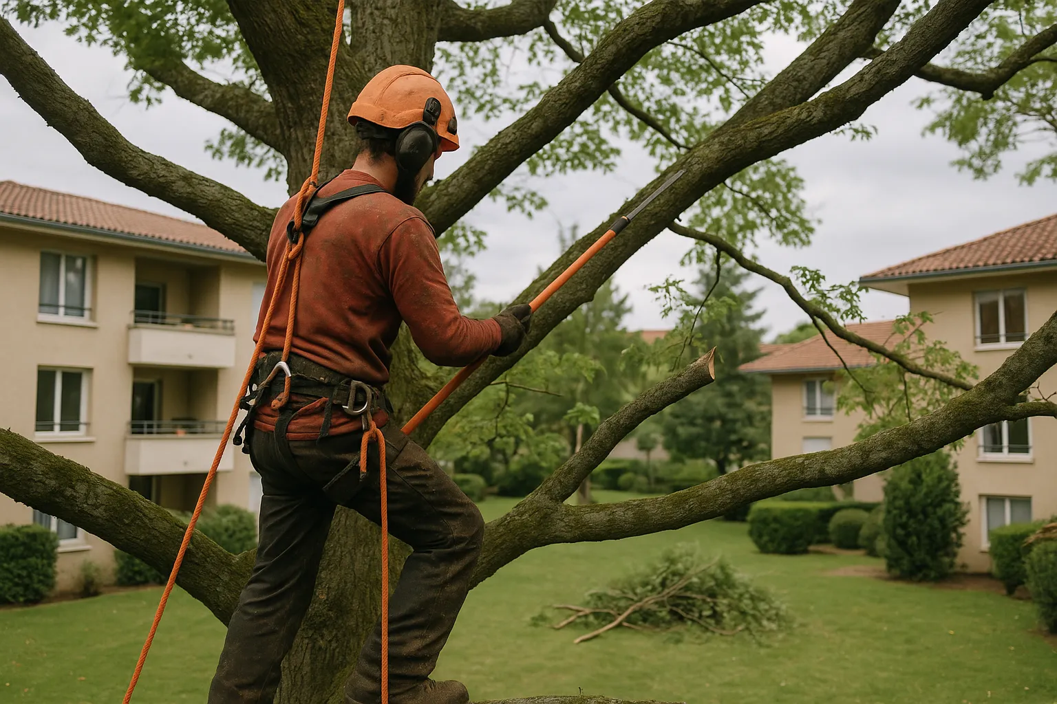 Élagueur professionnel taillant un arbre dans une copropriété à Lyon