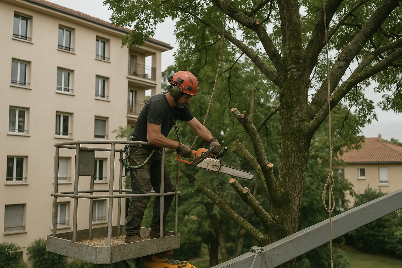 Élagage d'un grand arbre en copropriété à Lyon avec nacelle élévatrice