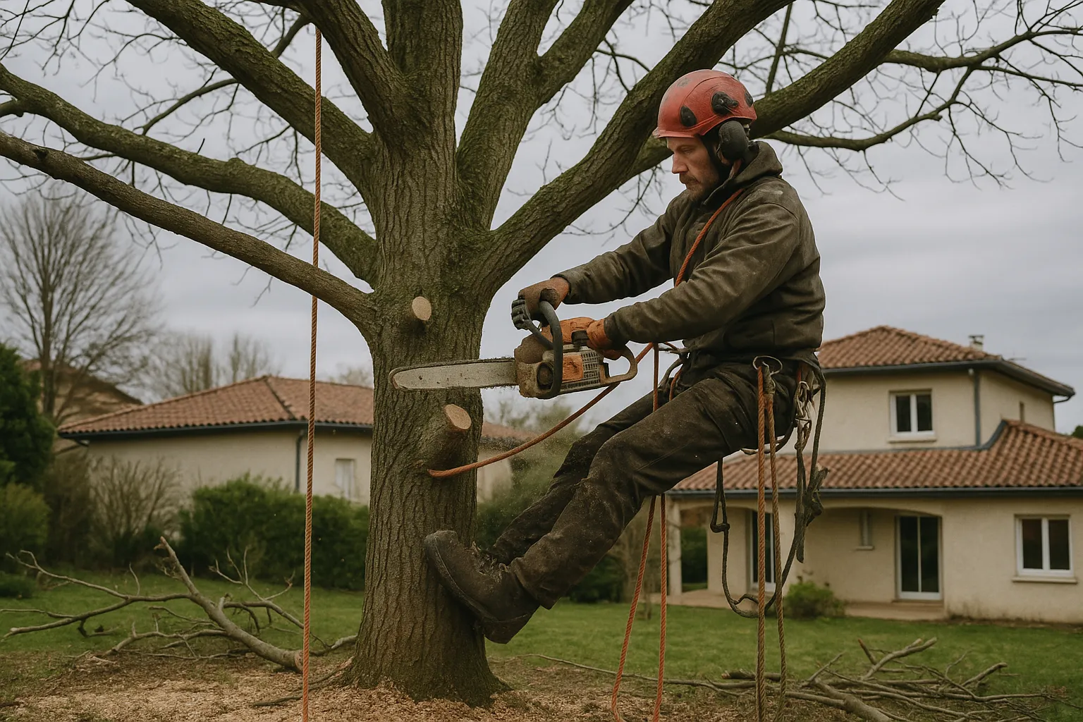 Élagueur professionnel réalisant un élagage hiver sur un grand arbre feuillu