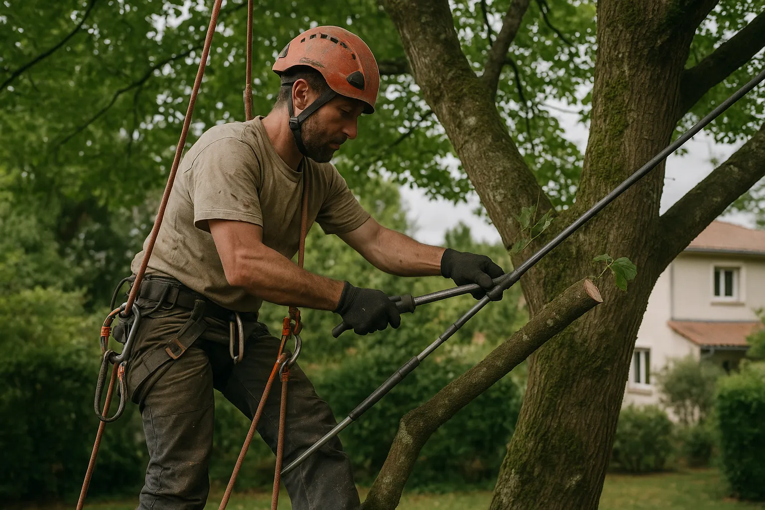 Élagueur professionnel en hauteur pour un élagage d'arbre à Lyon