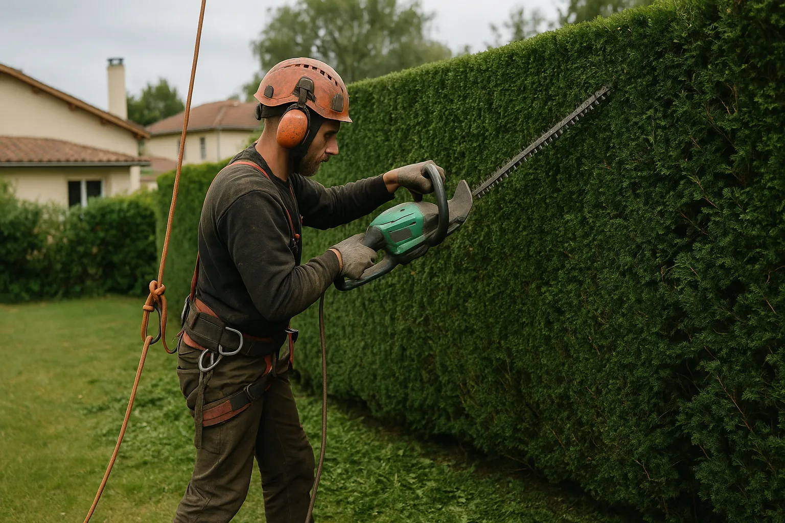 Réduction de haie à Tassin-la-Demi-Lune par un élagueur professionnel en jardin résidentiel